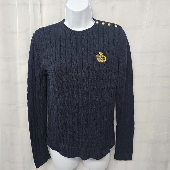 Chaps Crewneck Sweater Crest Navy Cable Knit Preppy Regency Money Cotton M - Picture 8 of 8